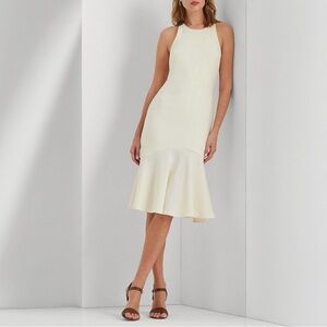 Lauren Ralph Lauren Buckle-Trim Double-Faced Crepe Midi Dress Cream Size 8 NEW